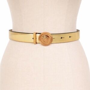 Versace Gold Leather Belt with Medusa Head Decorated Buckle